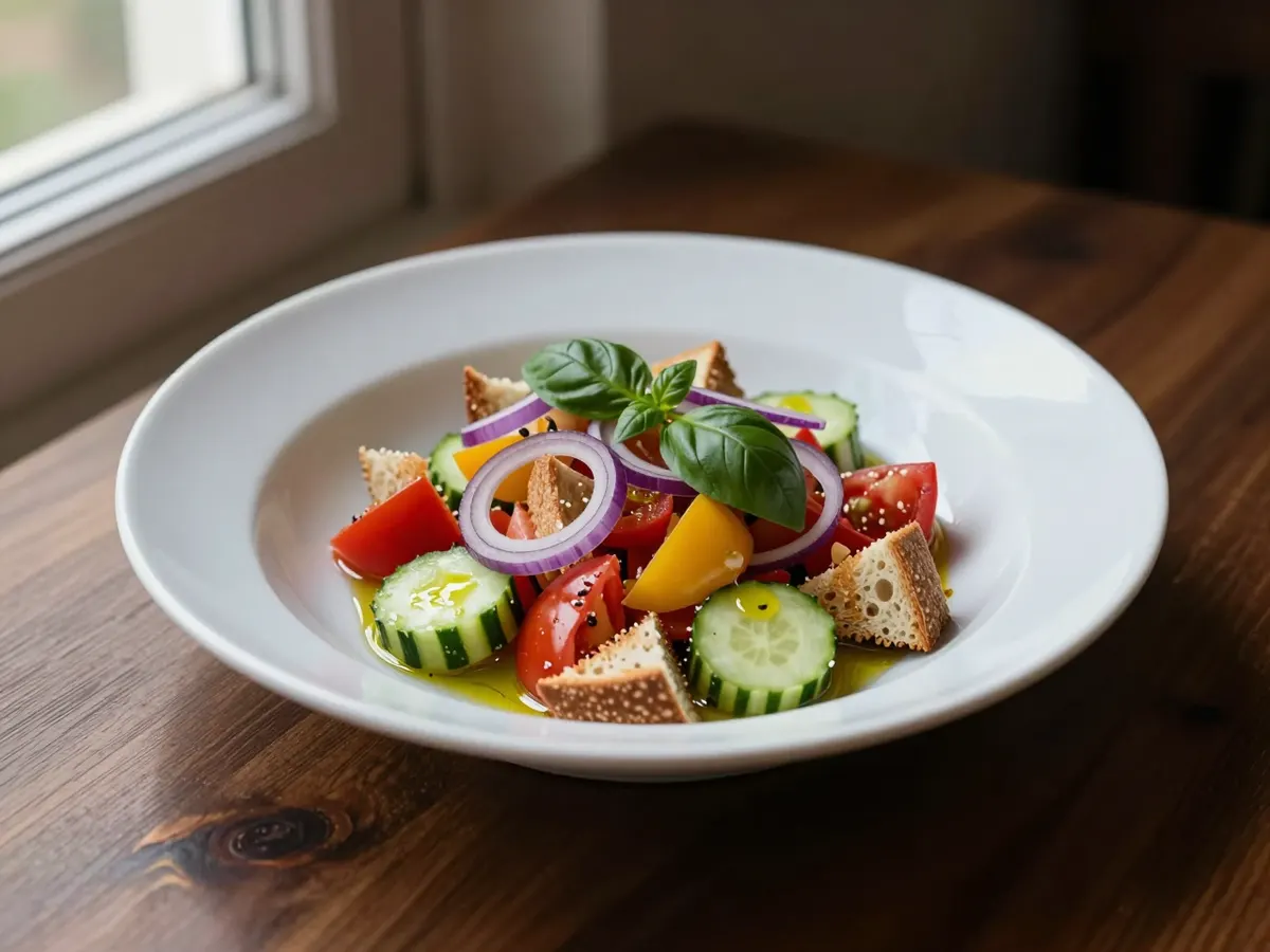 AI-generated photograph: A wide shallow white bowl of panzanella: red and yellow tomato chunks, golden torn sourdough, pale green cucumber, thin rings of purple onion and bright torn basil glistening with olive oil
