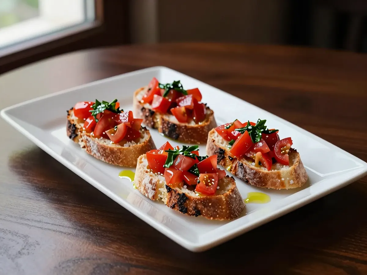 AI-generated photograph: Four slices of charred ciabatta on a long white rectangular plate, heaped with glossy diced red tomato and torn green basil, olive oil pooling at the edges and a few flakes of sea salt
