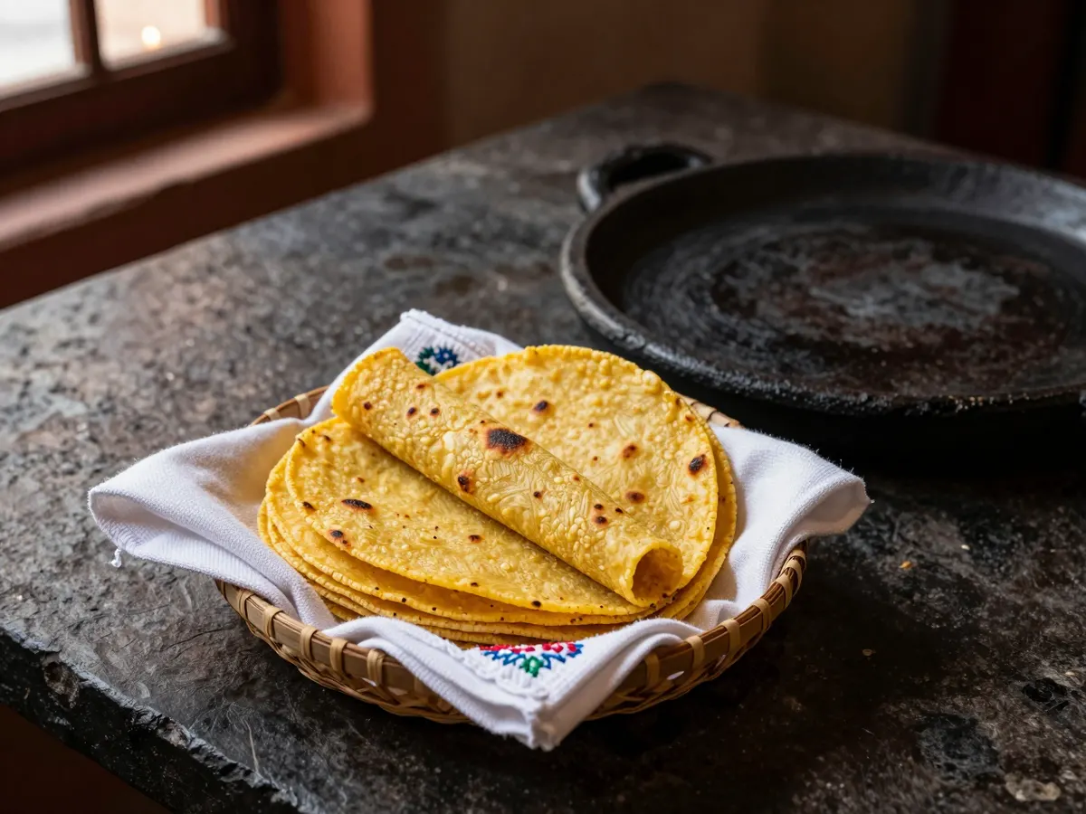 AI-generated photograph: A stack of pale golden corn tortillas with charred freckles, half wrapped in an embroidered white cloth in a woven palm basket