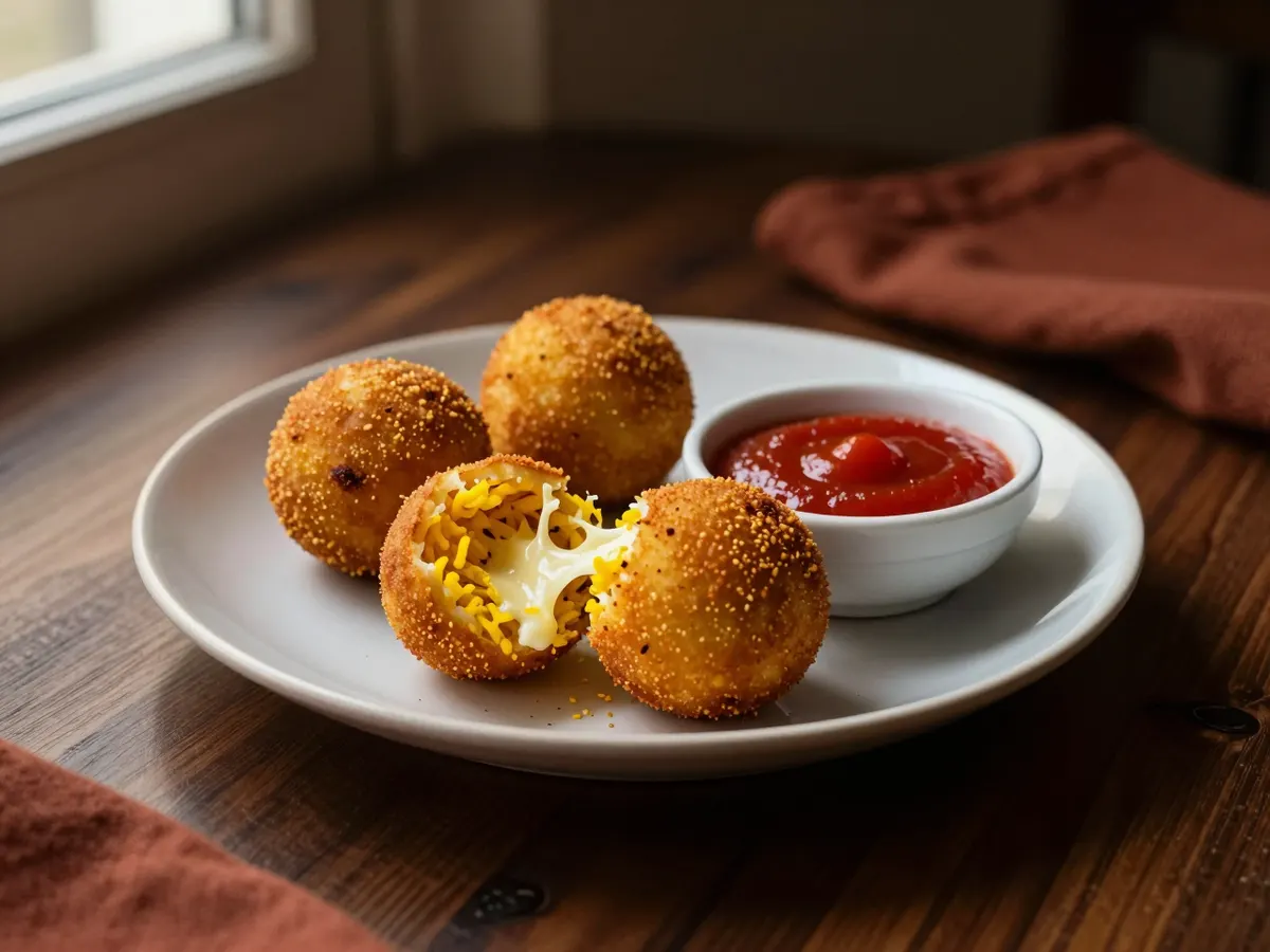 AI-generated photograph: Golden arancini on a plate with a dip