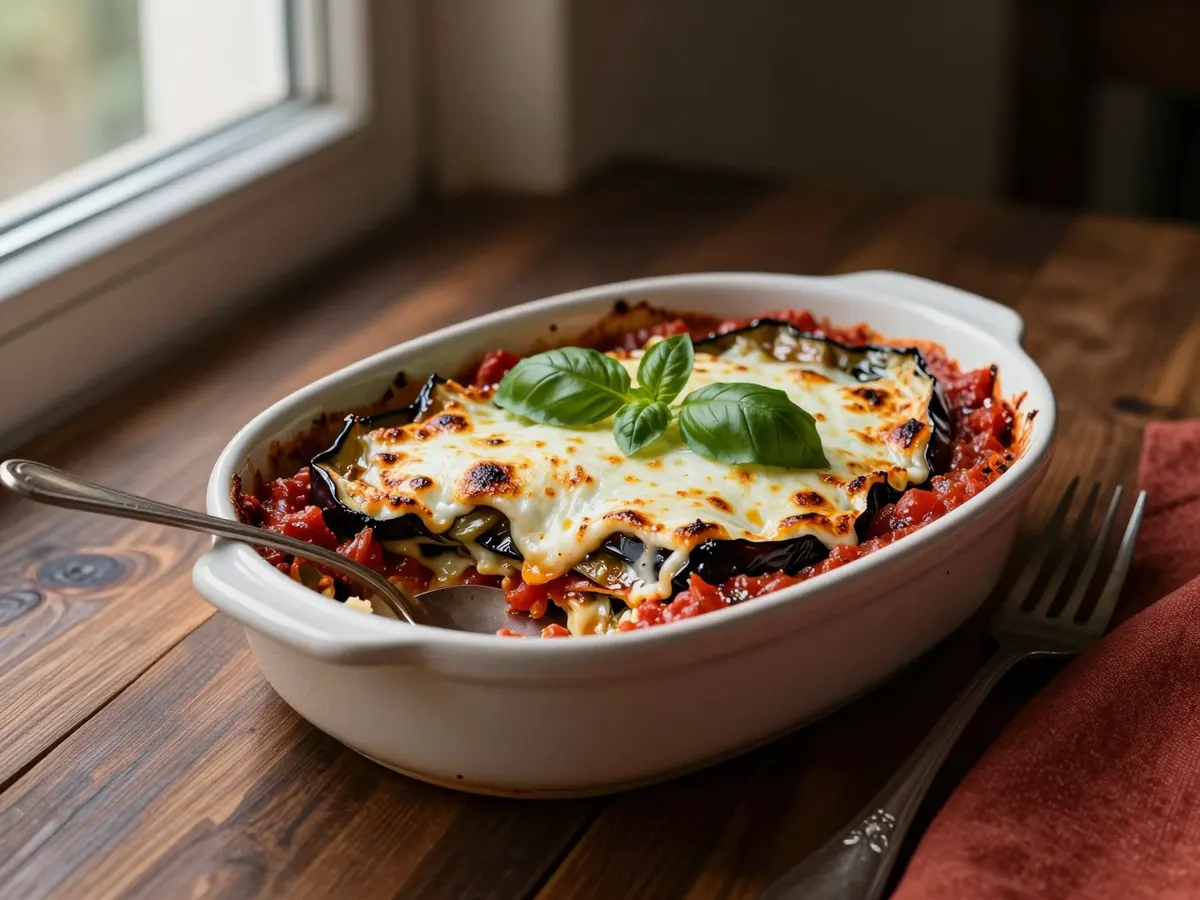 AI-generated photograph: A dish of baked aubergine layered with tomato and cheese