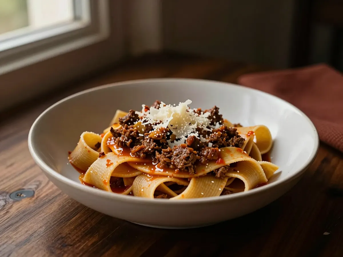 AI-generated photograph: Wide pasta ribbons with a rich beef sauce