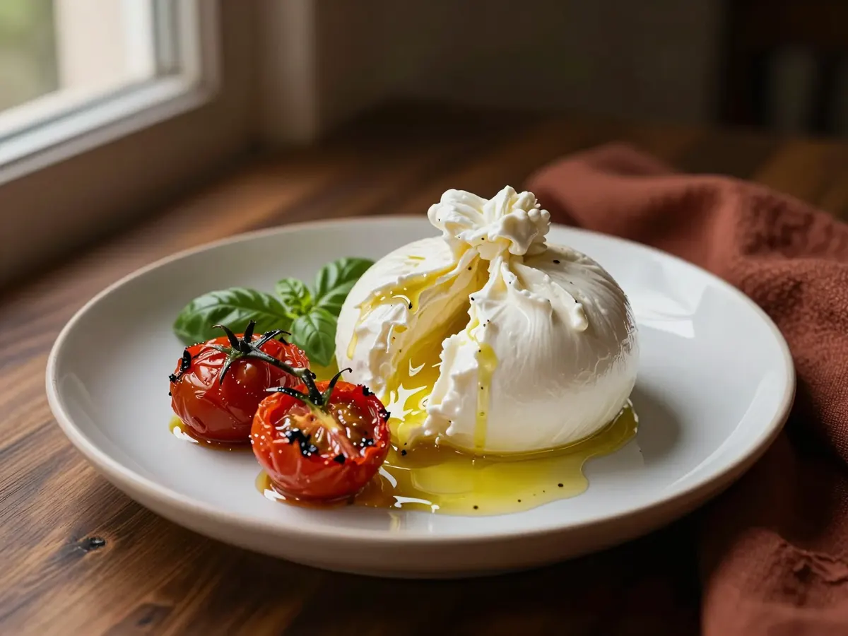 AI-generated photograph: Burrata on roasted cherry tomatoes with basil