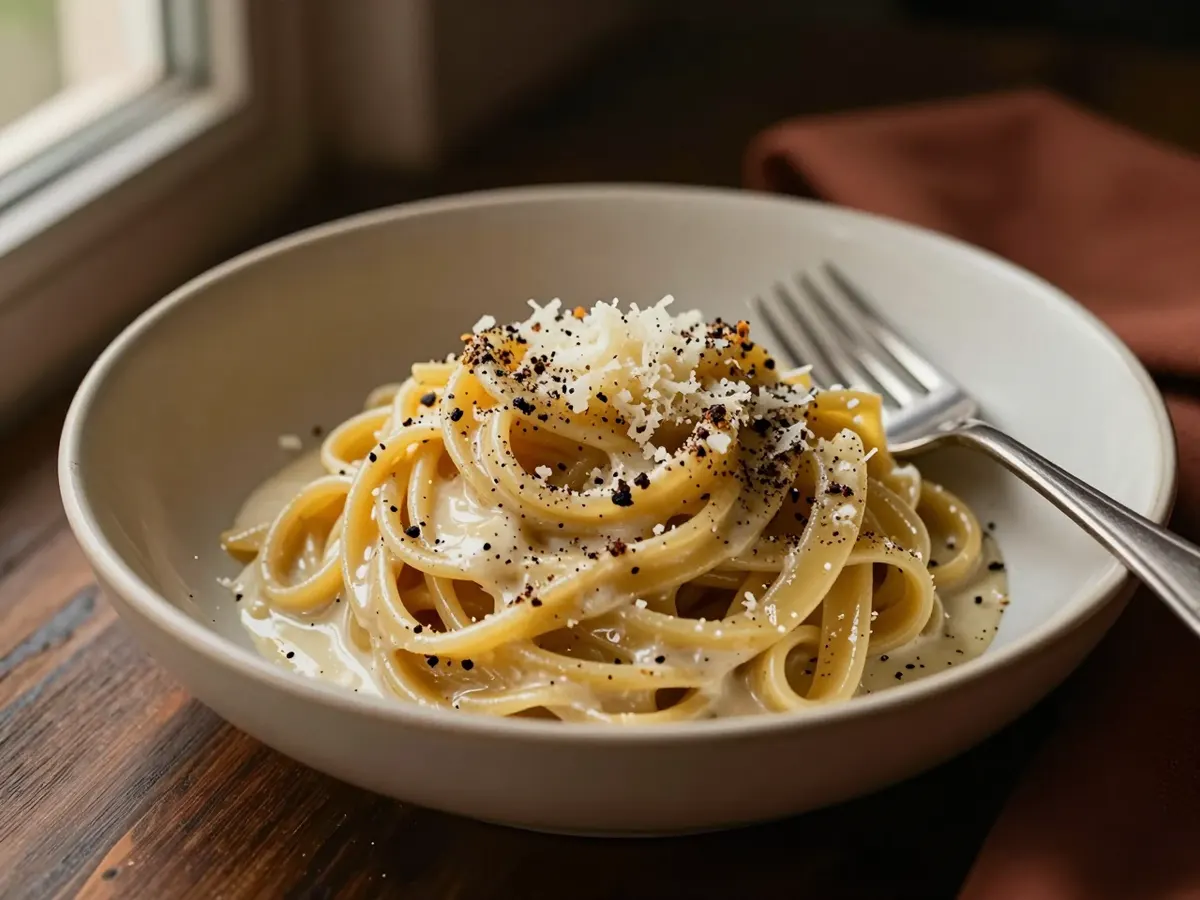 AI-generated photograph: A twirl of pasta coated in cheese and black pepper