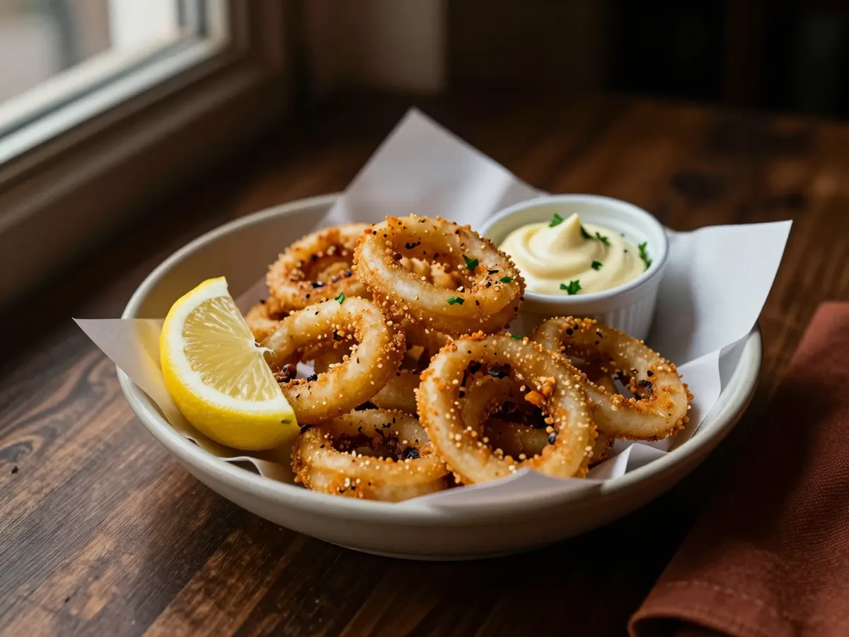 AI-generated photograph: Crispy fried squid rings with a lemon wedge
