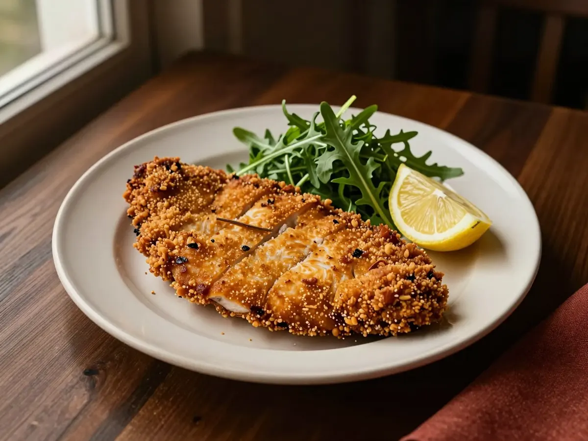AI-generated photograph: A large breaded chicken cutlet with rocket and lemon
