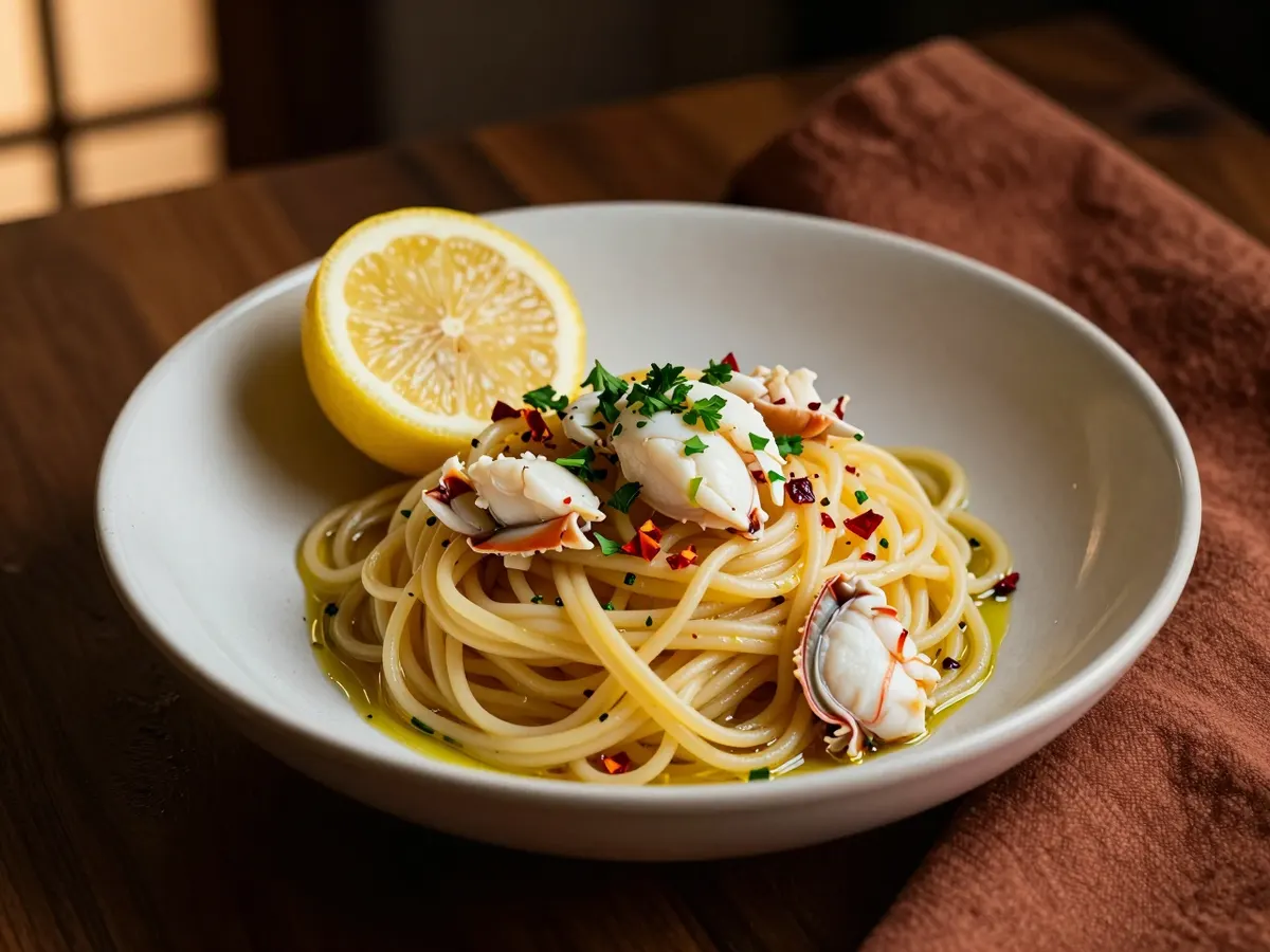 AI-generated photograph: Linguine with crab, chilli flakes and parsley