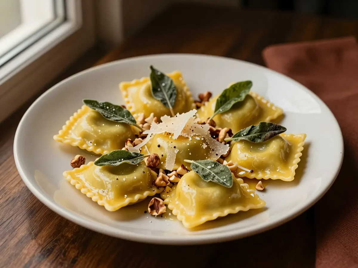 AI-generated photograph: Ravioli in brown sage butter with hazelnuts