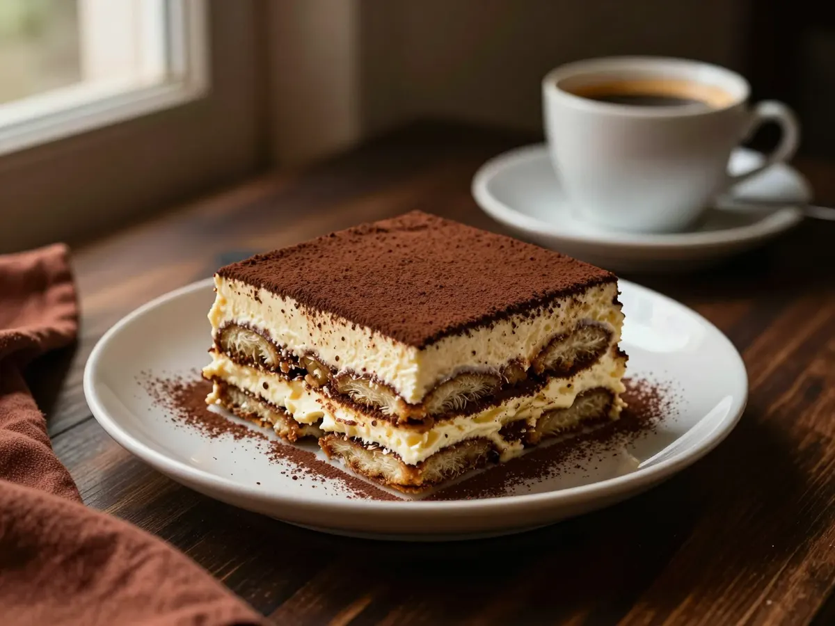 AI-generated photograph: A square of tiramisu dusted with cocoa