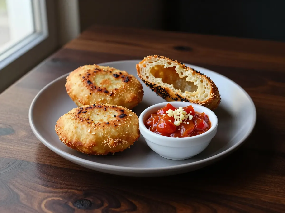 AI-generated photograph: Two golden puffed fry bakes on a matte grey plate, one split open and filled with smoky red tomato choka, a small bowl of extra choka topped with coriander beside them