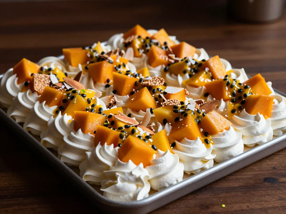 AI-generated photograph: A tray pavlova topped with cream, mango and passion fruit