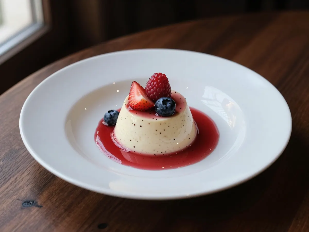 AI-generated photograph: A trembling ivory panna cotta turned out on a wide shallow white plate, flecked with vanilla seeds, crowned with glossy raspberries, halved strawberries and blueberries in a ruby syrup pooling around its base