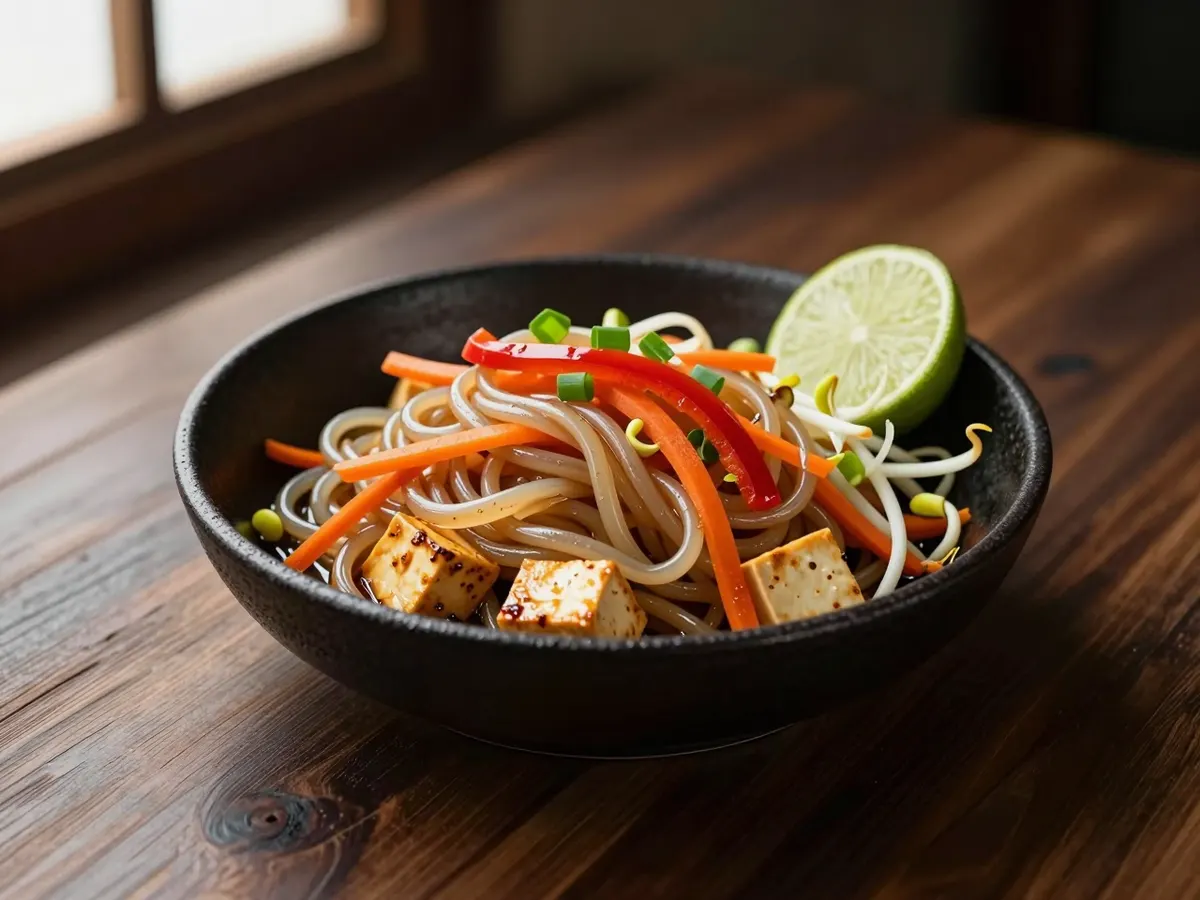 AI-generated photograph: A tangle of glossy flat rice noodles twisted high in a wide charcoal bowl, ribbons of orange carrot and red pepper, golden cubes of tofu, beansprouts and green spring onion, a lime wedge on the rim