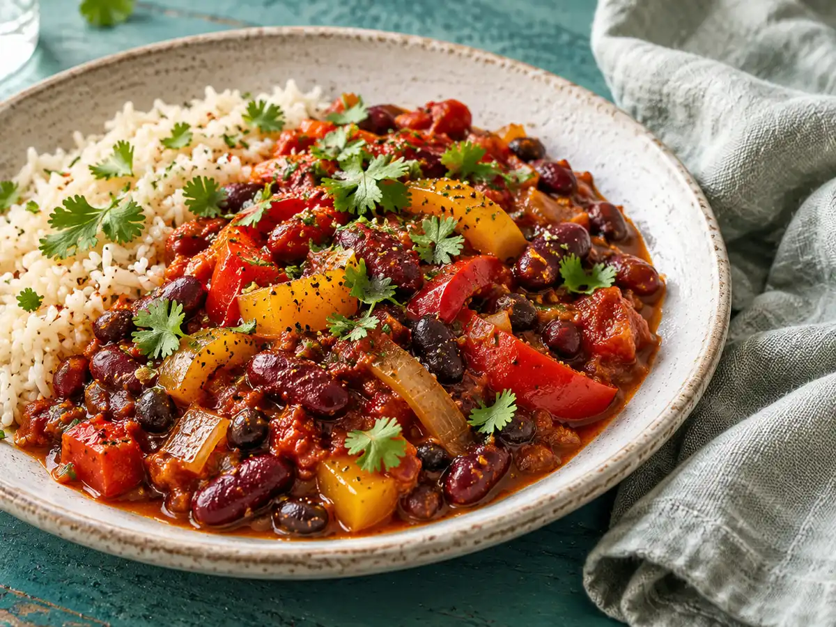 AI-generated photograph: A pot of bean and sweet potato chilli with fresh coriander