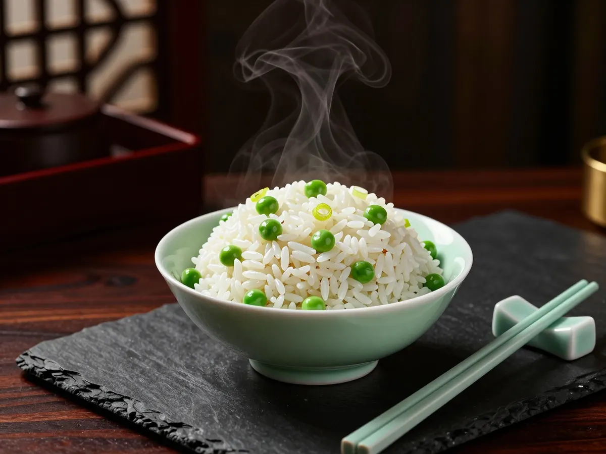 AI-generated photograph: A small mound of fluffy white rice dotted with bright green peas and fine rings of spring onion in a pale celadon green rice bowl with a curved lip, steam rising, seen from the side at table height