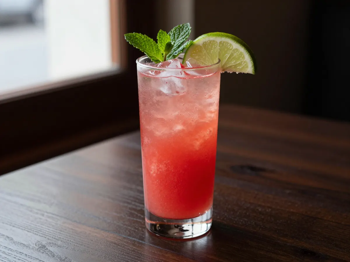 AI-generated photograph: A tall clear glass of rosy pink watermelon agua fresca over ice, a sprig of mint and a thin wheel of lime on the rim