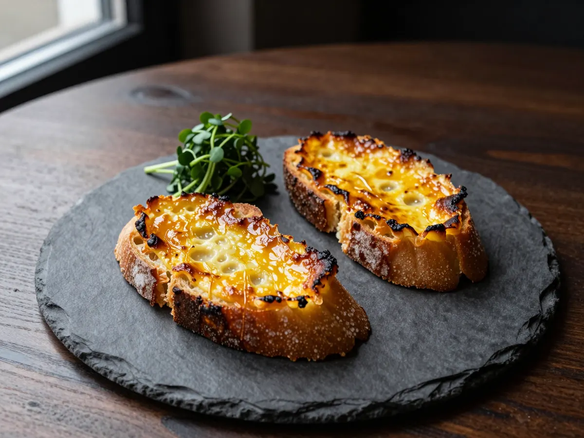 AI-generated photograph: Two halves of golden, blistered Welsh rarebit on thick sourdough on a matte grey slate plate, a small heap of dark green watercress beside them