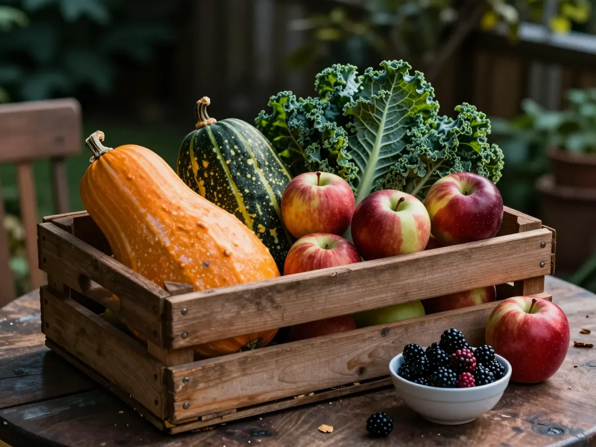 AI-generated photograph: Autumn squashes, apples and kale in a wooden crate