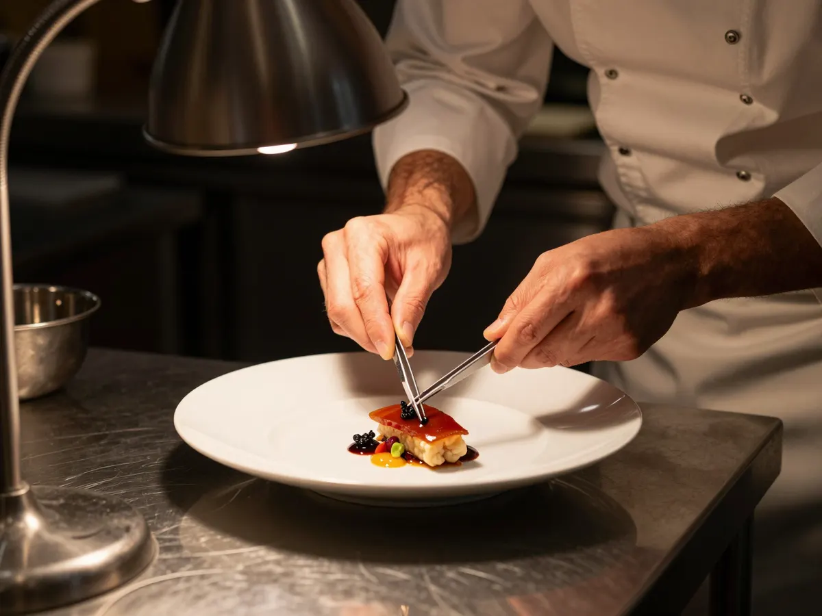 AI-generated photograph: A chef's hands plating food at a busy pass, face not shown