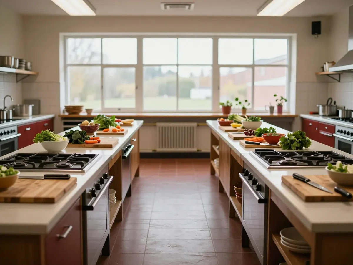 AI-generated photograph: A bright cookery school kitchen with twelve stations