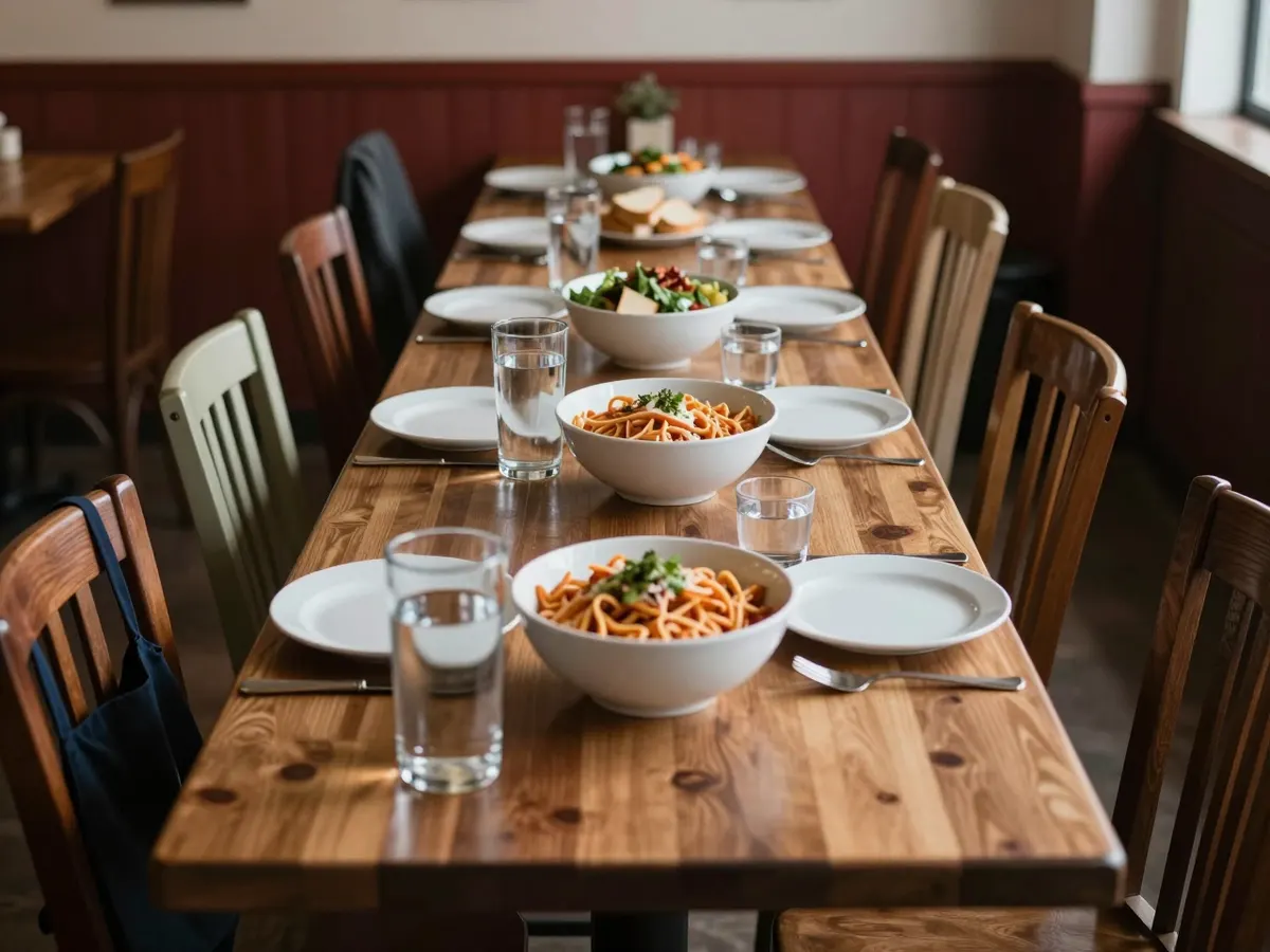 AI-generated photograph: A long staff meal table in a restaurant before service