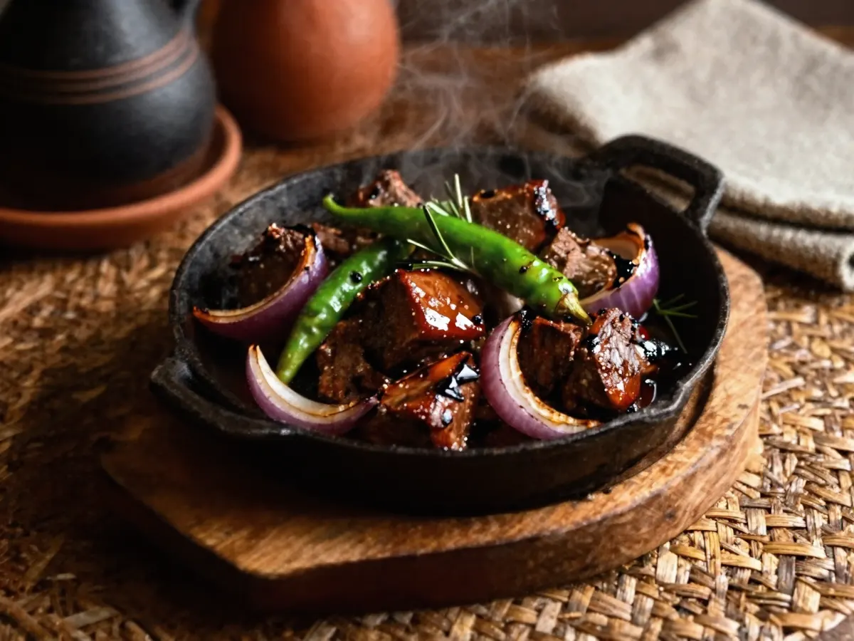 AI-generated photograph: Browned glossy lamb pieces tossed with charred red onion wedges, strips of green chilli and rosemary sprigs, still sizzling in a small black cast iron dish set on a wooden board, seen from a high angle, wisps of steam rising