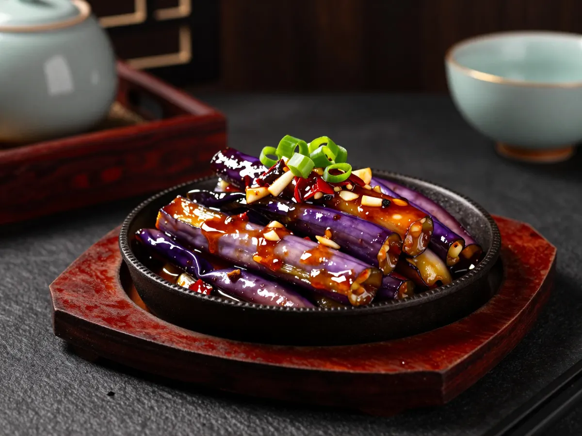 AI-generated photograph: Soft fingers of purple skinned aubergine glazed in a glossy red brown sauce, piled in a shallow cast iron dish, flecks of garlic and ginger through the sauce, bright green spring onion scattered on top, seen from a low side angle
