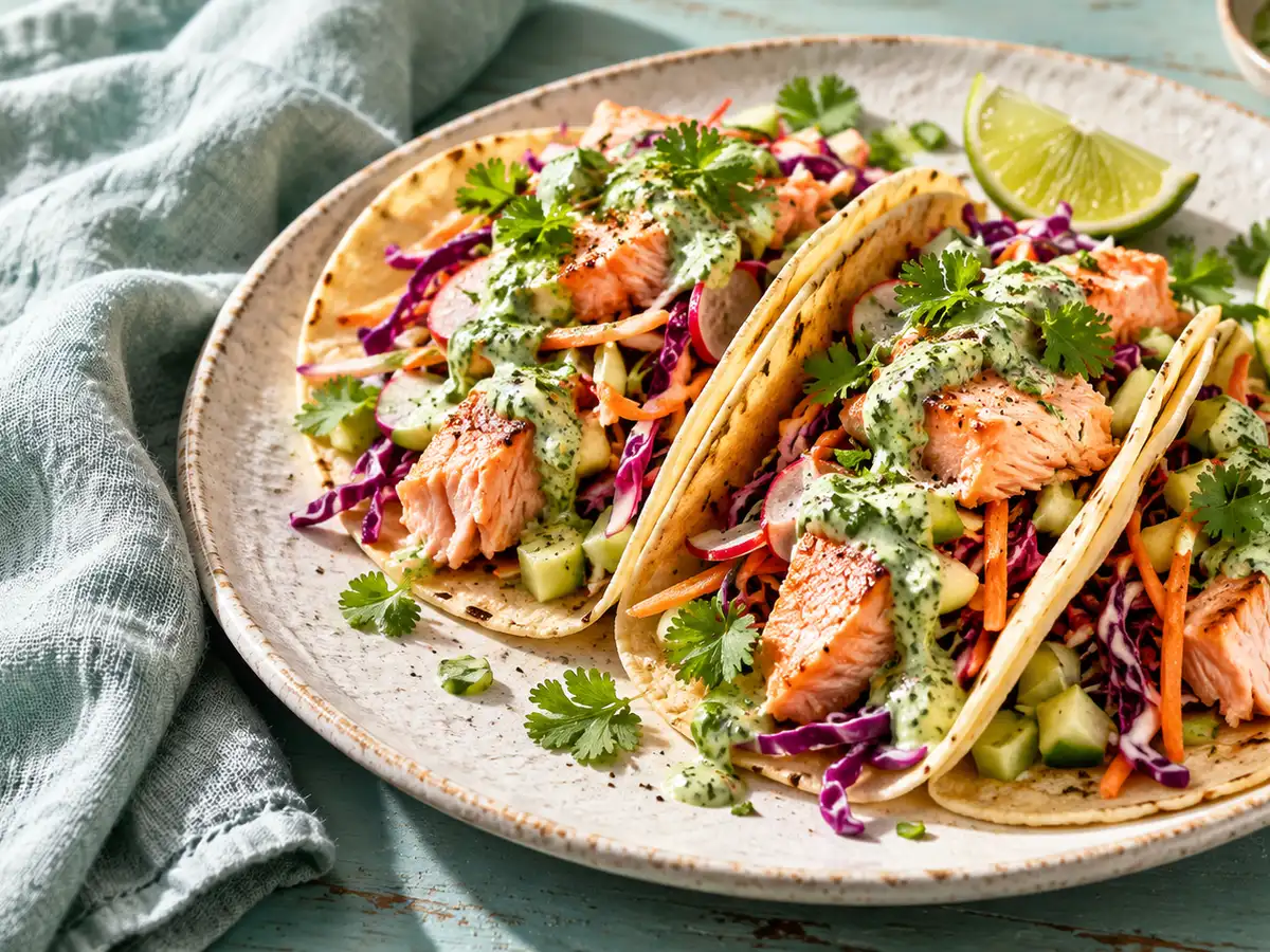AI-generated photograph: Salmon tacos with avocado, slaw and lime wedges