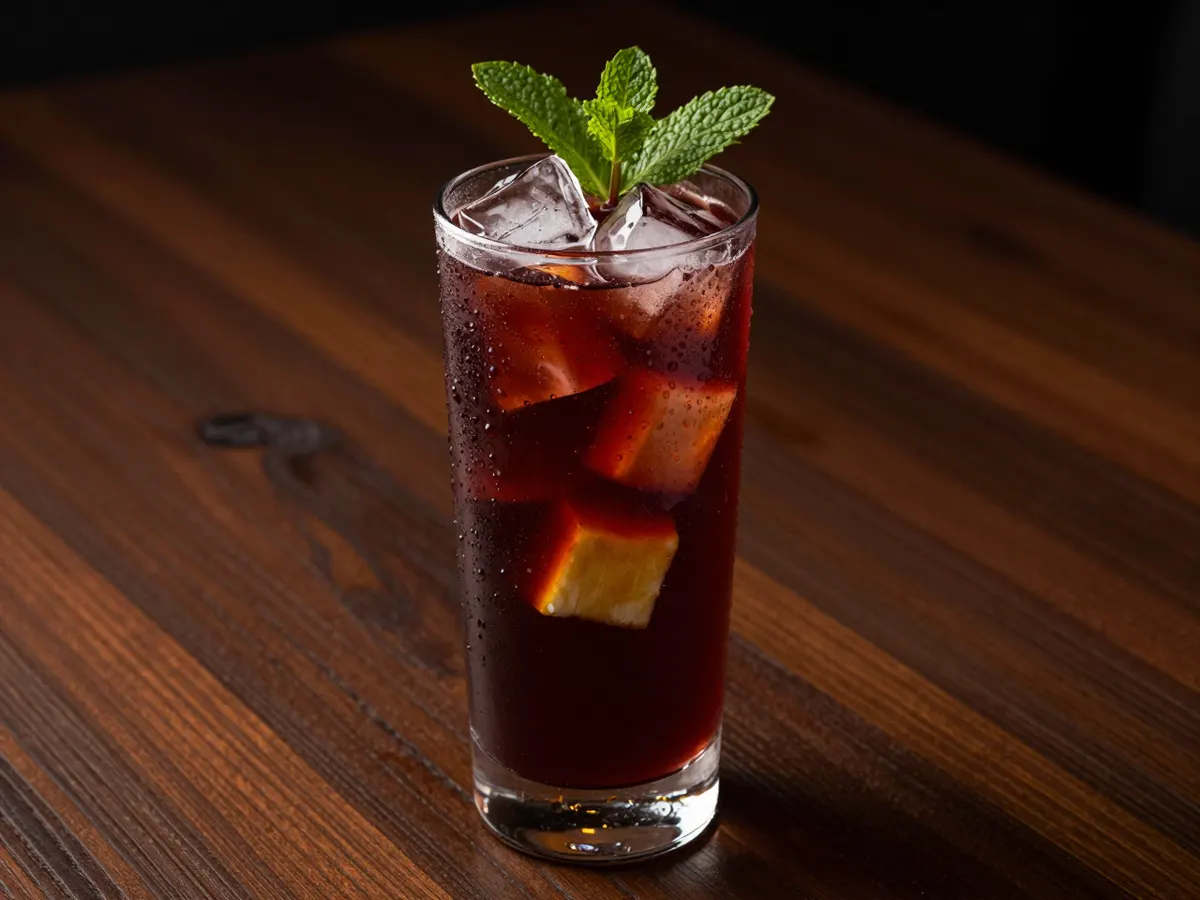 AI-generated photograph: A tall clear highball glass of deep ruby zobo over clear ice, a few golden pineapple cubes suspended in it and a sprig of mint on top, beads of cold on the glass